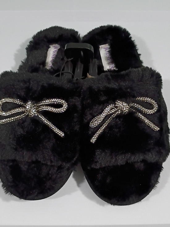 Joyspun Shoes - JOYSPUN Black Faux Fur Slide Slippers with Rhinestone Bow Accent - SIZE 6 NWT